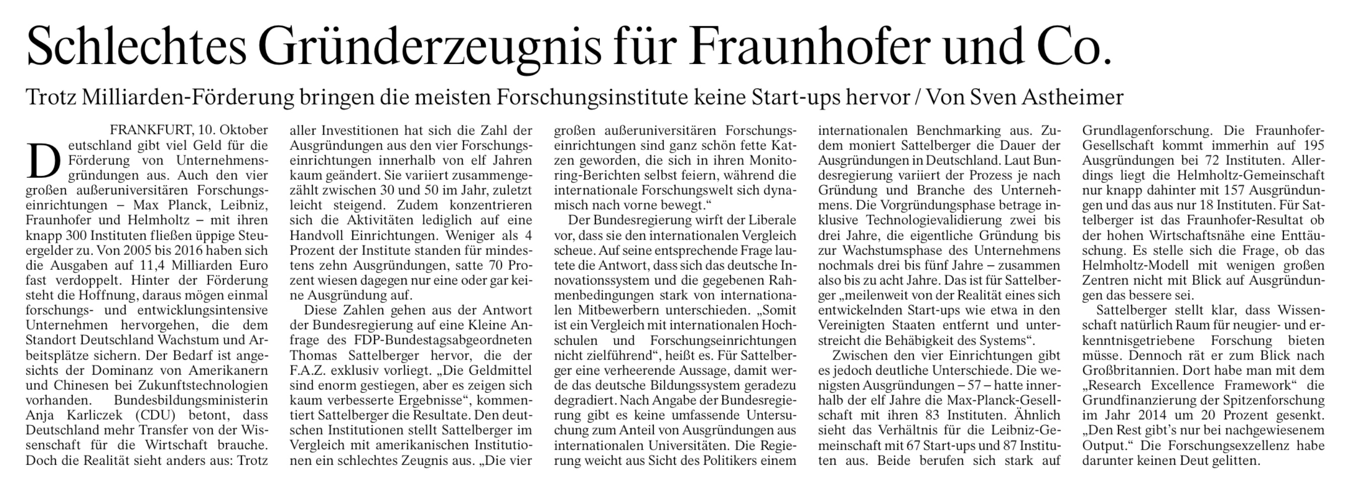 Schlechtes Gründerzeugnis für Fraunhofer und Co.